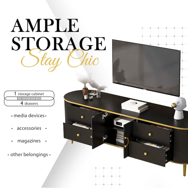 Fluted TV Stand with 4 Drawers & 1 Cabinet, Wood Curved Entertainment Center, Console Table with Metal Legs & Handles