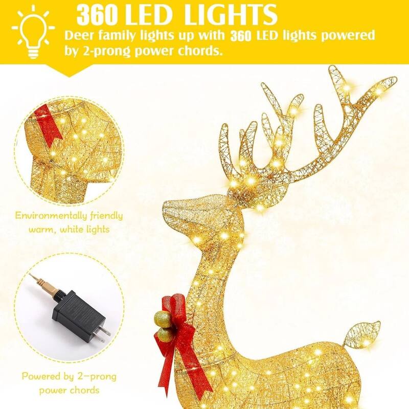 5ft Lighted Christmas Deer Set, 3-Piece Reindeer Holiday Decor - Golden