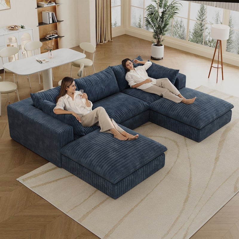 Modular Deep Seat Couch U-shaped Sectional Sofa with Chaise Lounge Corduroy Upholstered Sleeper Sofa Bed with Ottomans