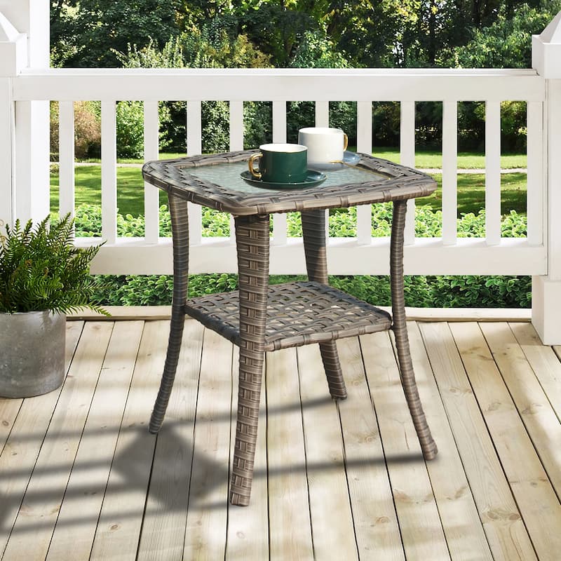 OVIOS Patio Outdoor Wicker Side Table with Glass Top - Light Gray