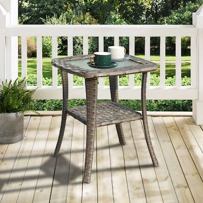 OVIOS Patio Outdoor Wicker Side Table with Glass Top