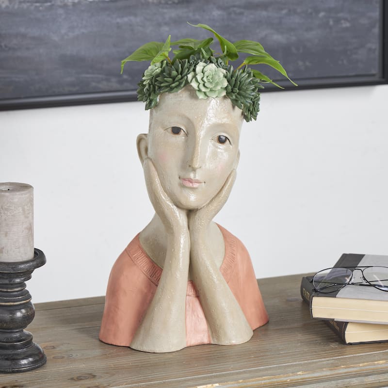 Resin Woman Bust Indoor Outdoor Planter with Succulent or Flower Crown and Orange or Blue Top - Beige - Roche River Decor