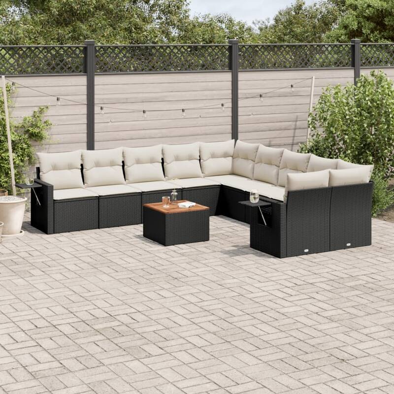 vidaXL Patio Sofa Set with Cushions Outdoor Furniture 11 Piece Poly Rattan - Black and Cream Table + 6x middle + 2x corner - 122.8 x 92.1 x 33.5