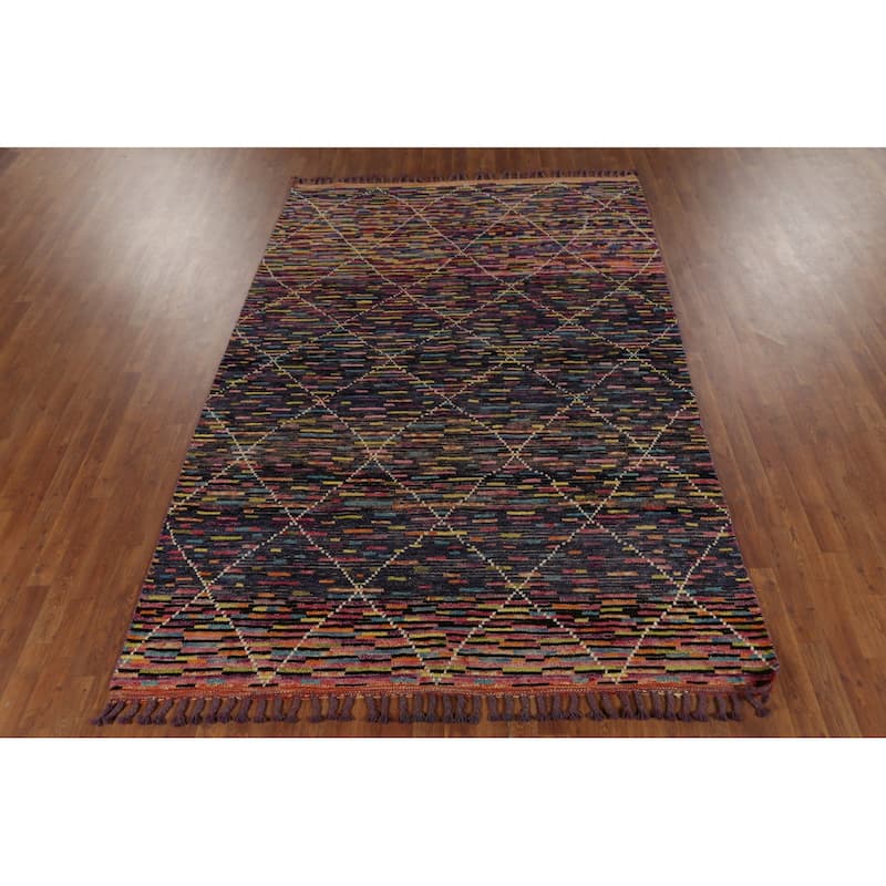 Colorful Trellis Moroccan Area Rug Hand-Knotted Wool Carpet - 6'1"x 9'3"