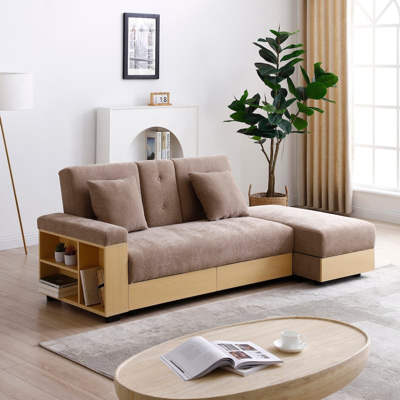 Multifunctional Double Folding Sofa Bed,Storage Ottoman And Sofa Arm With Box And Drawer,Drop Down Table With 2cup Holders