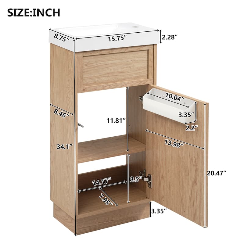 GDFStudio - Nora Vanity MDF Bathroom Cabinet with Reversible Resin Sink Adjustable Shelf - 15.75"