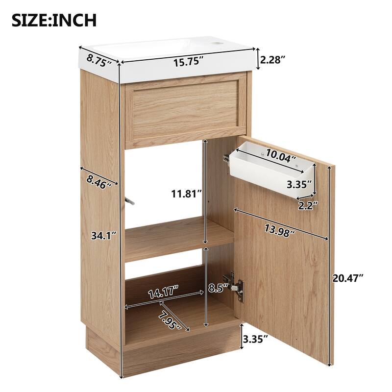 Roomfitters 15.75" Bathroom Vanity with Resin Sink, Adjustable Shelf, Push-to-Open Reversible Door, Wood