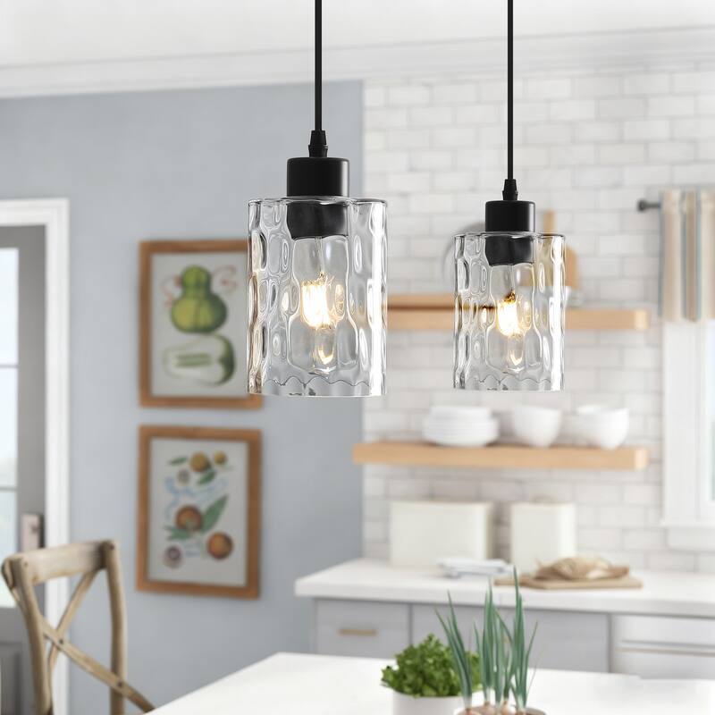 2 Pack 1-Light Kitchen Island Textured Clear Glass Pendant - Matte Black