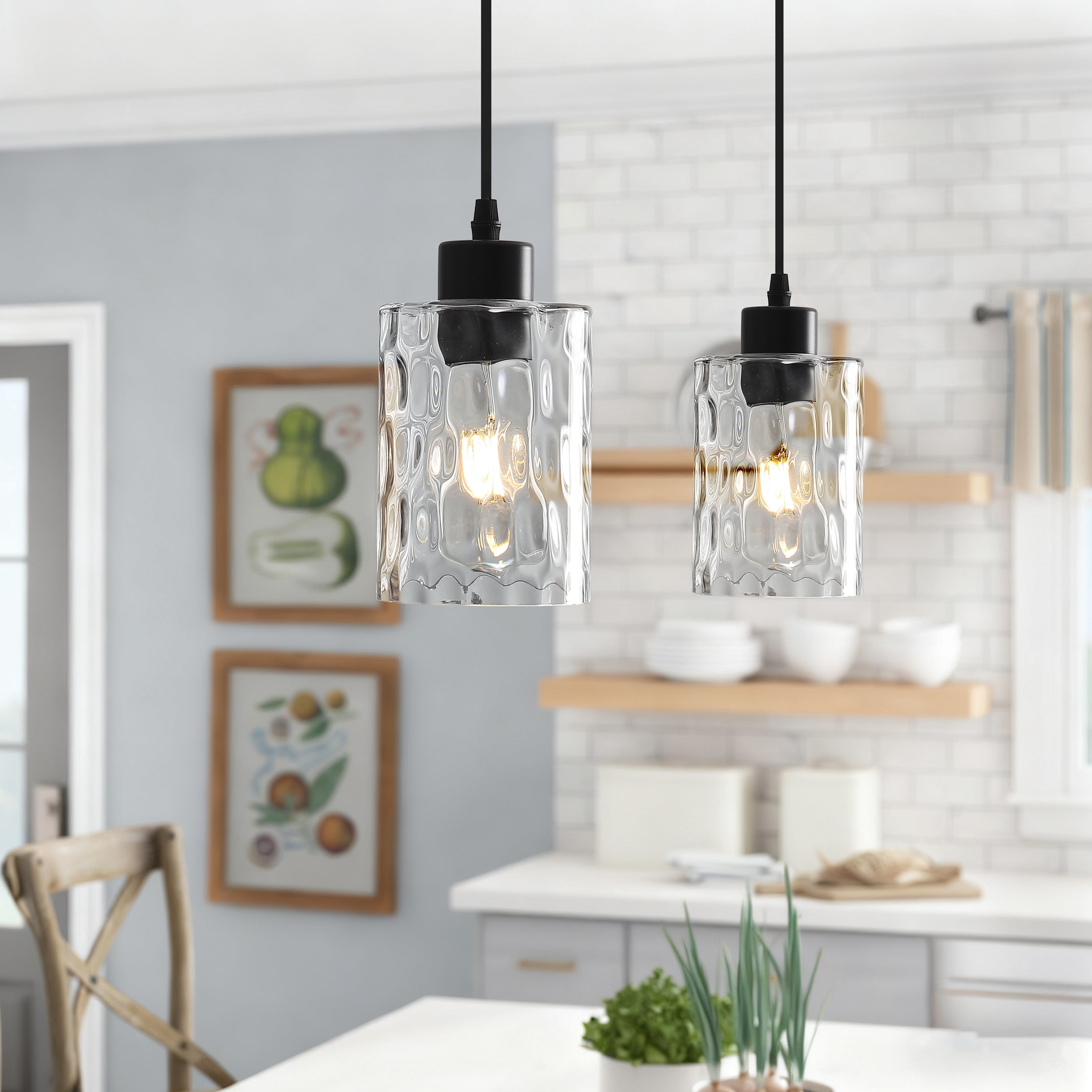 1-Light Kitchen Island Textured Clear Glass Pendant