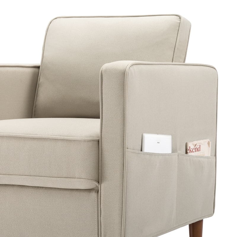 Hana Modern Linen Fabric Armchair with Armrest Pockets in Sand Grey