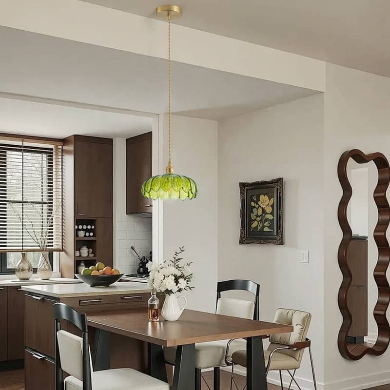 Modern 1-Light Pendant with Light Green Tinted Glass Shade and Electroplated Brass Finish