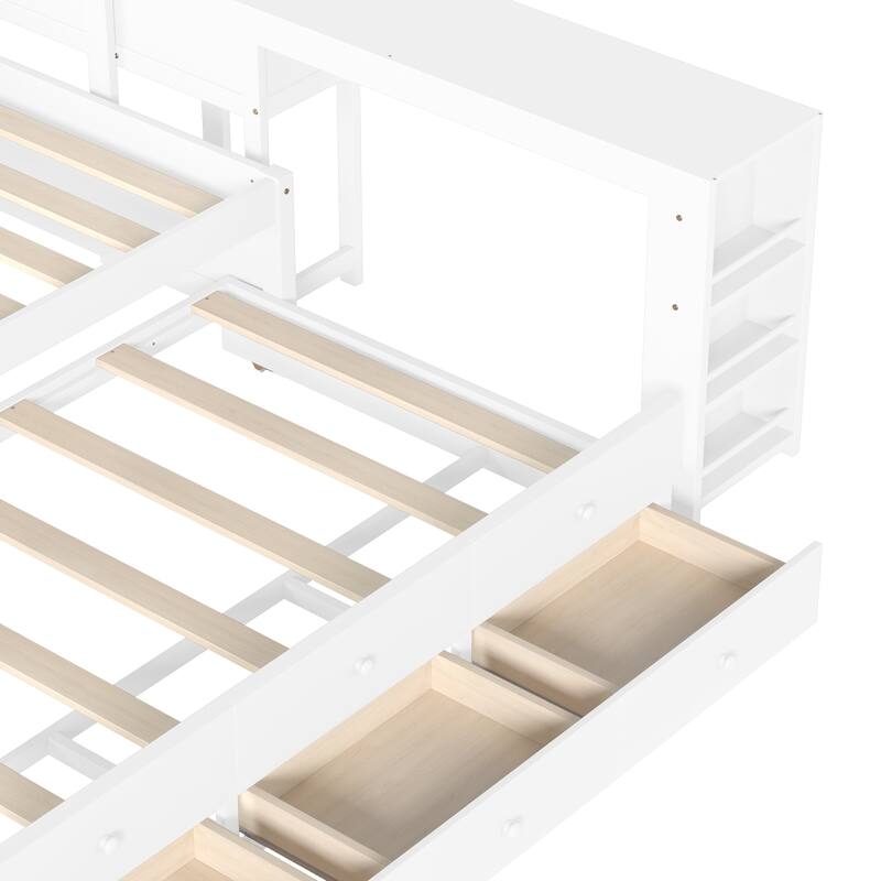 Full/Twin Daybed with Trundle & Storage Drawers - Wood Frame with Side Shelves and Desk