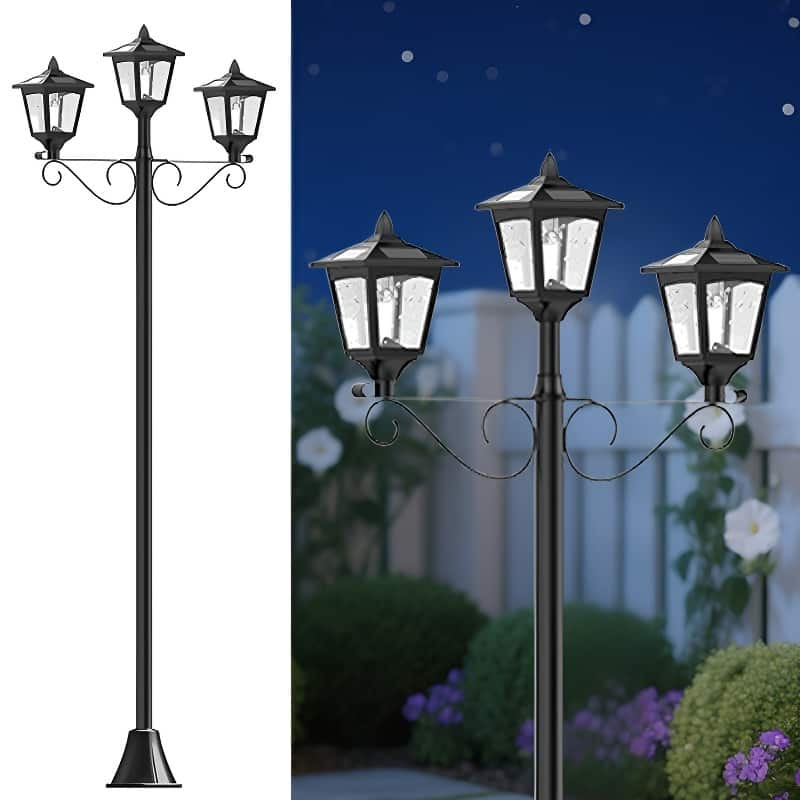 72" Triple-Head Antique LED Solar Lamp Post Light Waterproof Outdoor - Black