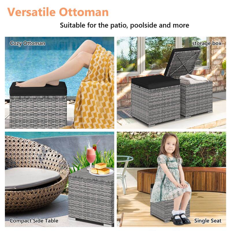 Costway 2PCS Patio Rattan Ottomans Seat Side Table Storage Box - See Details