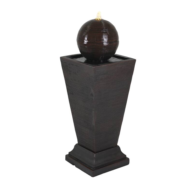 Roomfitters 35.5-Inch Tall Column Outdoor Fountain with Sphere Topper and LED Lights, Concrete Retro Garden Oasis, Dark Brown