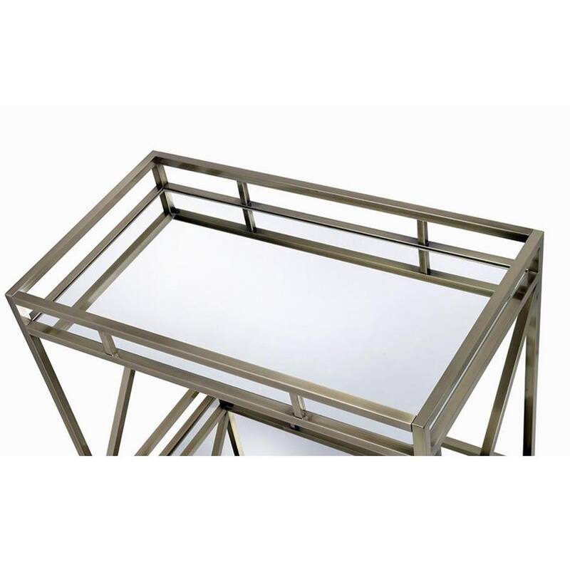 Metal Framed Two Tier Serving Cart with X Shaped Side Panels, Silver and Clear - 35.04 H x 19.68 W x 34.25 L Inches