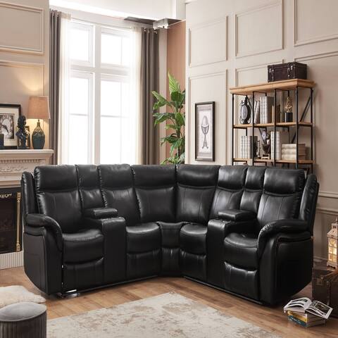 Leather Recliner Corner Sofa with USD Port/LED Light/Bluetooth Speaker