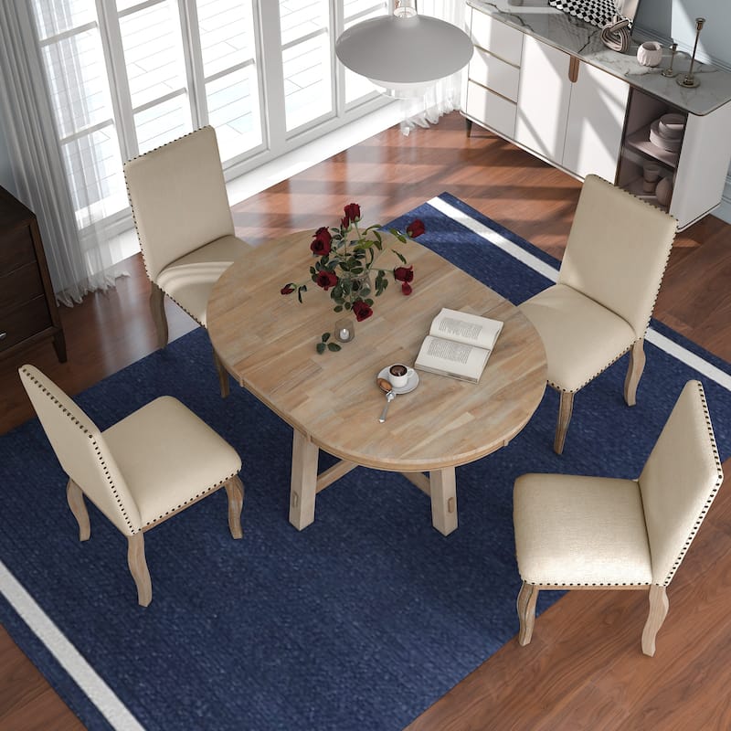 5-Piece Dining Set with Round Extendable Dining Table and Chairs - Natural