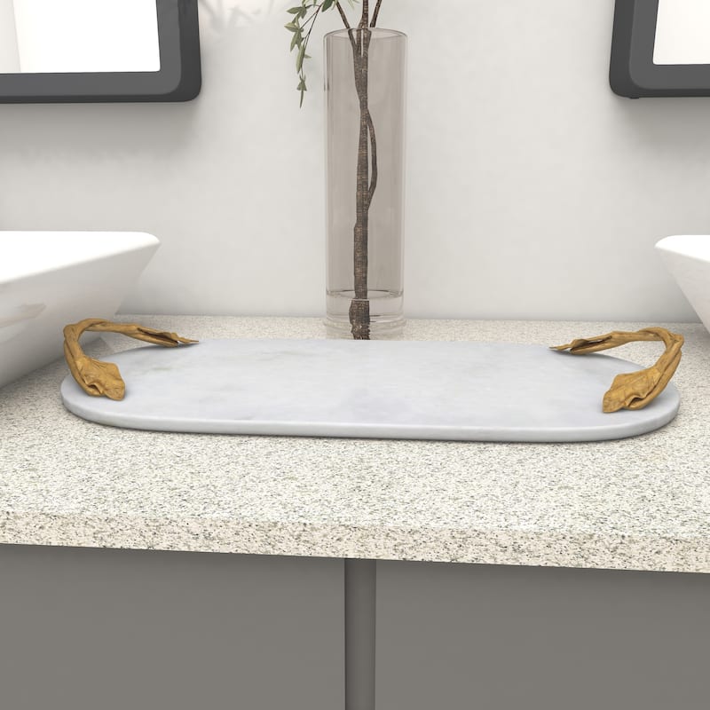 White Marble Oval or Rectangular Tray with Gold Twisted Leaf Handles
