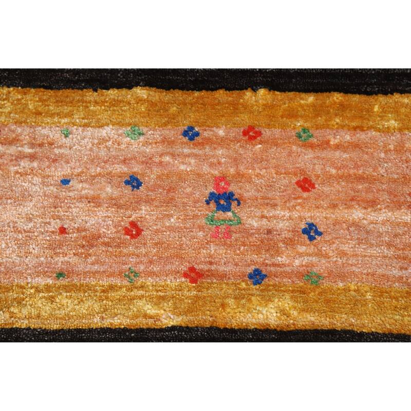 Striped Black Gabbeh Oriental Area Rug Hand-Knotted Silk Carpet - 8'2" x 9'8"