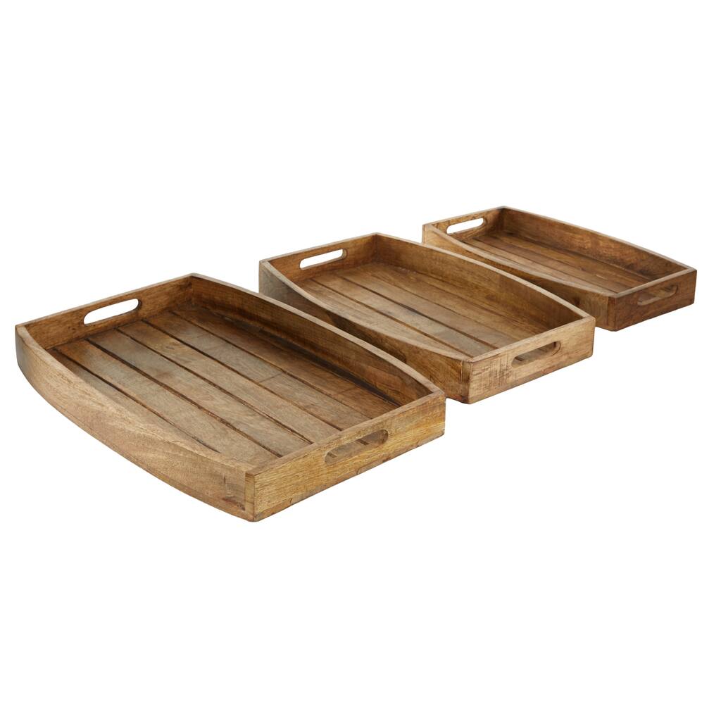 Mango Wood Tray with Slot Handles - Set of 3 Brown - Roche River Decor - 14"W x 20"L x 2"H
