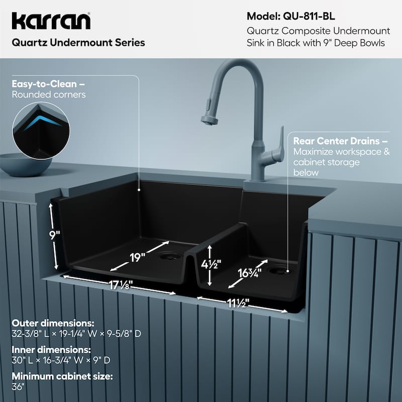 Karran Undermount Large/Small Bowl Quartz Kitchen Sink - 32" x 21.25" x 9" - 32" x 21.25" x 9"