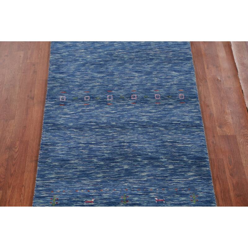 Hand Knotted Oriental 100% Wool Carpet Tribal Tribal Navy Blue & Blues Gabbeh Runner Rug - 9' 10'' X 2' 7''