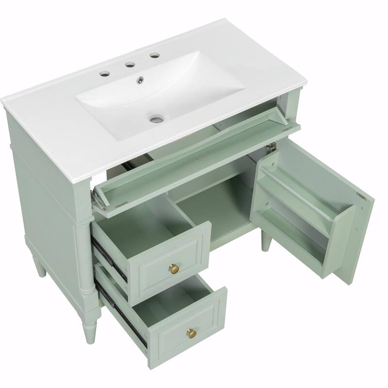 36" Bathroom Vanity with Sink, Freestanding Bathroom Cabinet with Ceramic Basin, Flip Drawer