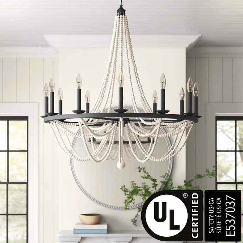 Fidenza 12-light Empire Farmhouse Solid Wood Beaded Chandelier with UL Certified - 37 inches