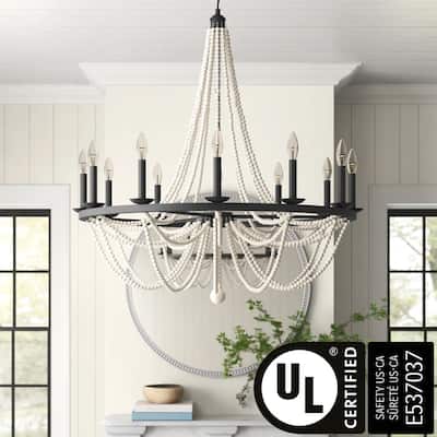 Fidenza 12-light Empire Farmhouse Solid Wood Beaded Chandelier with UL Certified - 37 inches