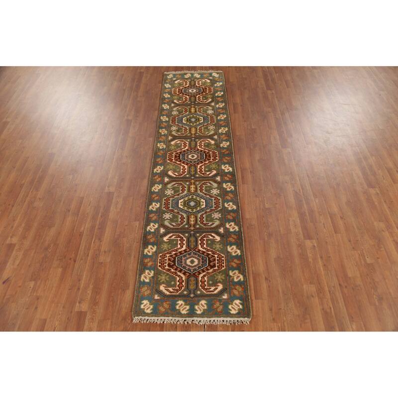 Green Geometric Kazak Runner Rug Hand-Knotted Traditional Wool Carpet - 2'8"x 9'8"