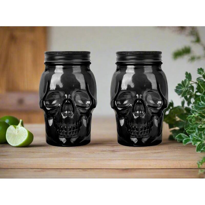 Skull Mason Jar Mug Glass Set (2 Containers & 2 Lids) Halloween Décor, Drinking Glasses, Storage Containers