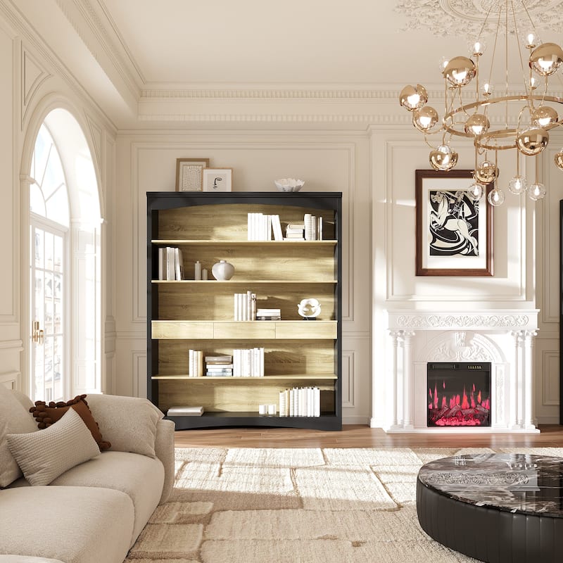 65" Tall Bookshelf with Drawers, Extra-Wide Storage Shelf Unit, Adjustable Wood Bookcase, Modern Display Cabinet