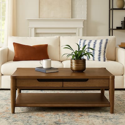 Howie Cocktail Coffee Table, 2 Drawers, 50 Inch Rustic Brown Wood
