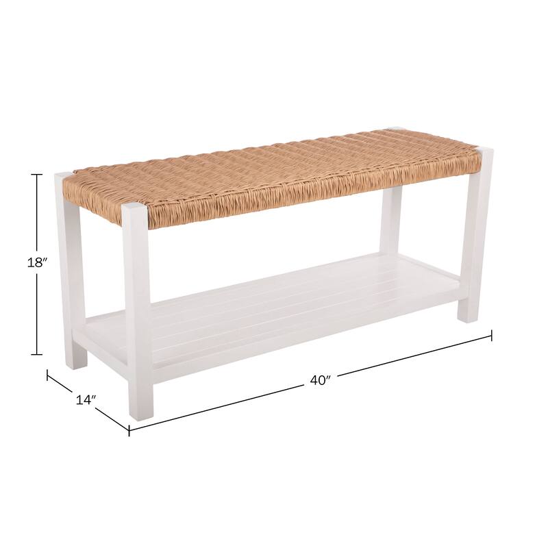 Newport 40" Wood Storage Bench with Handcrafted Woven Rope Seat, White