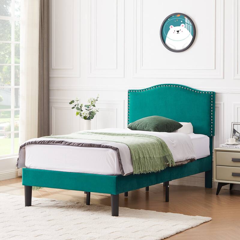 Javlergo Upholstered Platform Bed Frame with Adjustable Headboard, Strong Frame and Wooden Slats Support, Easy Assembly