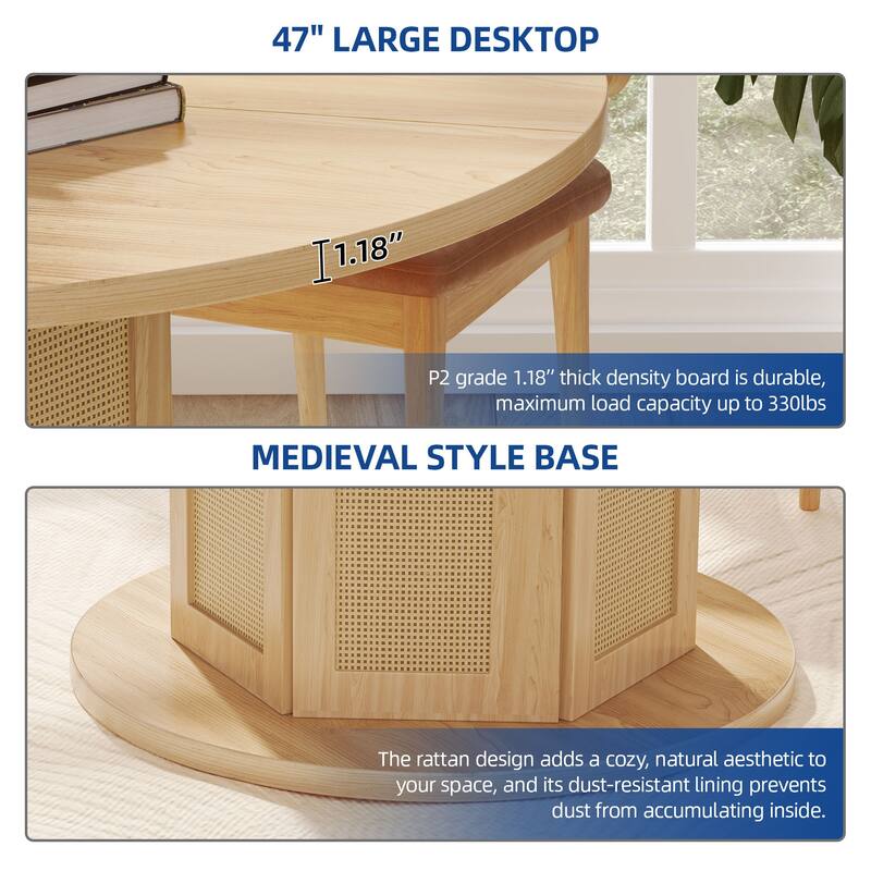 Moasis Farmhouse Round Pedestal Dining Table for 4 with Rattan Circular Base