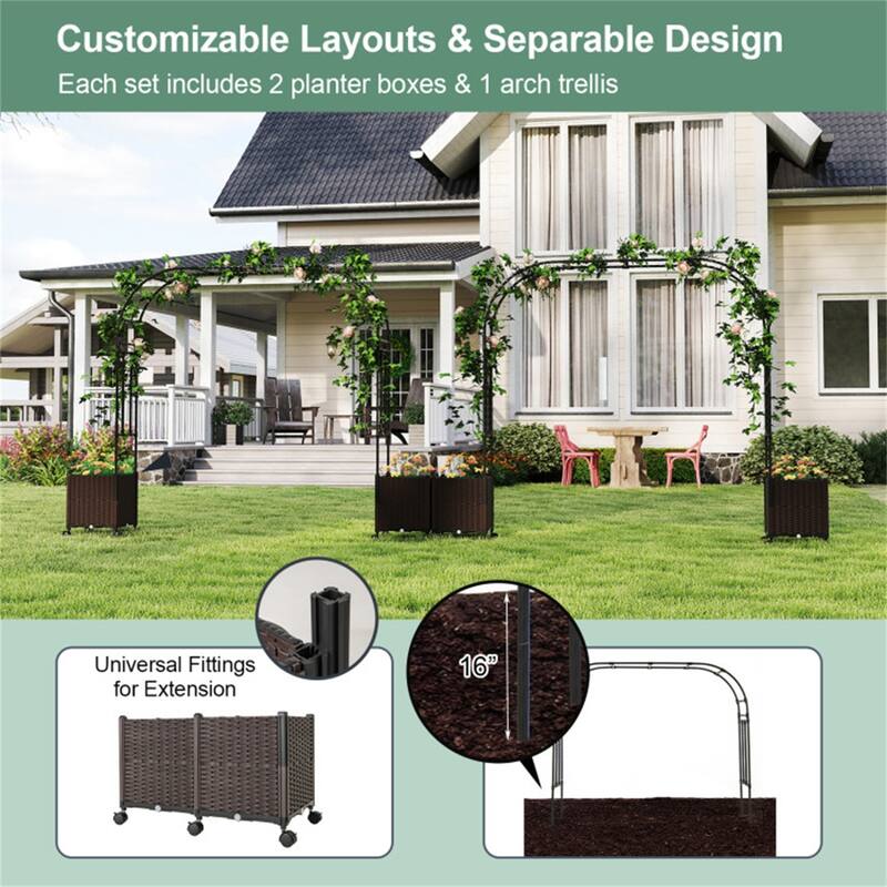 Metal Garden Arbor with Planter Boxes Drainage System and Mobile Design for Backyard and Deck - 80" x 16" x 113" (L x W x H)