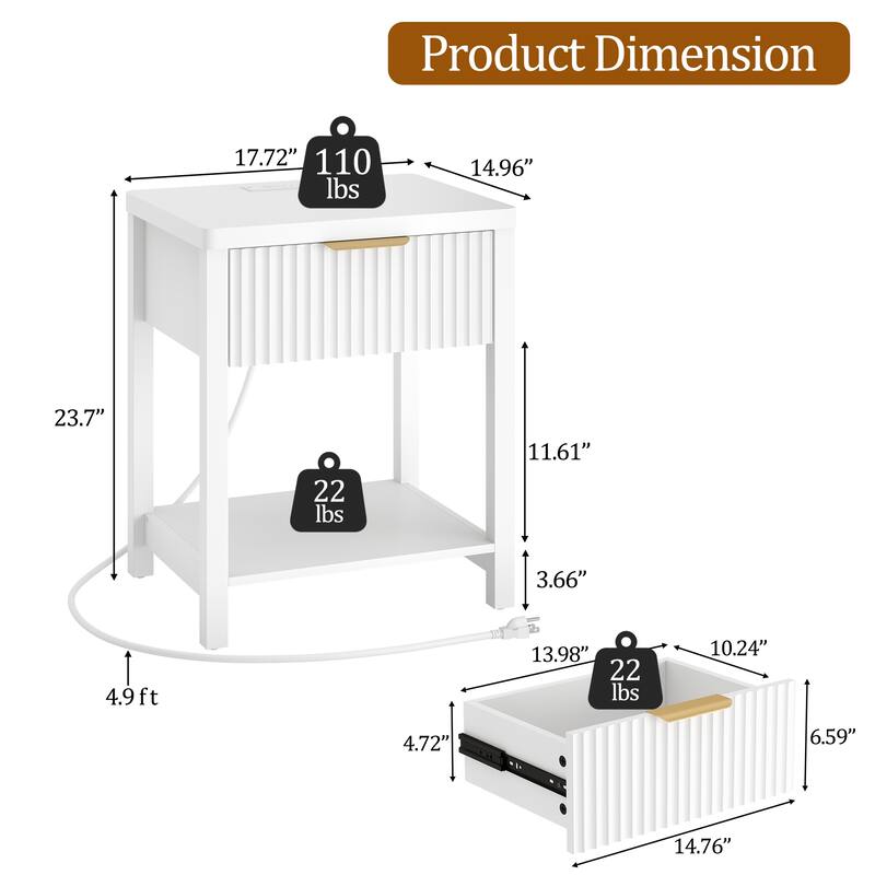 Nightstand with Drawers Fluted Bedside Table with Charging Station