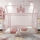 preview thumbnail 1 of 8, Pink Twin Size Metal House Bed Frame with Fence and Roof for Kids, Teens, Girls, Boys Twin - Pink