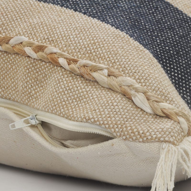 24" Blue and Tan Striped Square Throw Pillow with Jute Braiding