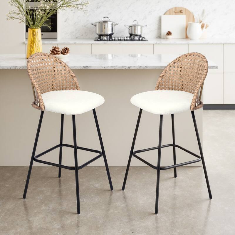 Coastal Rattan Back Counter Height Upholstered Bar Stools
