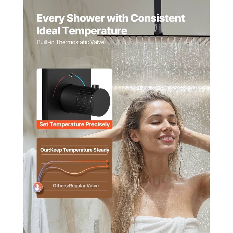 3-Function Thermostatic Shower System Matte Black with 16” Rain Shower and Body Massage Jets