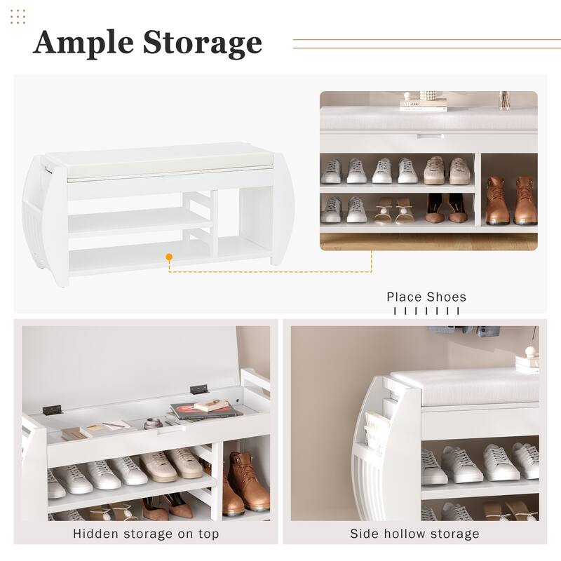 Shoe Bench 2-Tier Storage Bench with Cushion & Curved Side Holder, Wooden Panel Shoe Rack Organizer for Entryway, Living Room