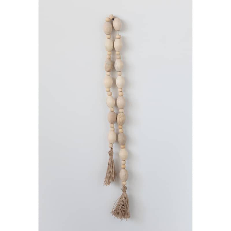 Mango Wood Bead Garland with Jute Tassels - Off-White - 60.0"L x 2.0"W x 1.3"H