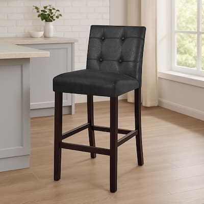 Popa Counter Stool Chair Set of 2, Black Faux Leather, Tufted Back