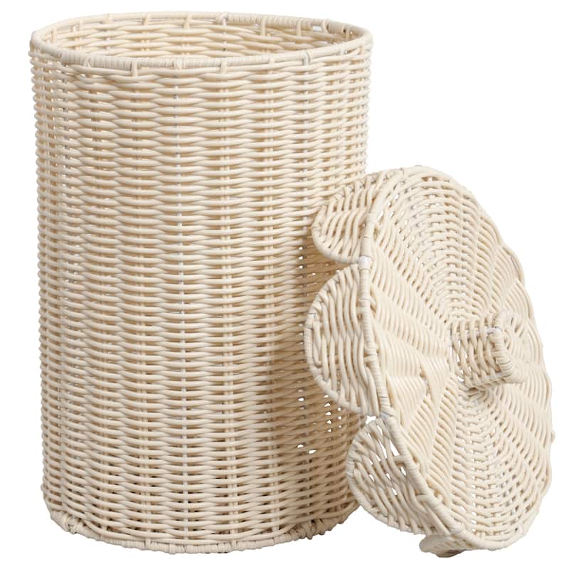Fern Modern Bohemian Resin 2.9-Gallon Cylinder Wicker Watebasket with Scalloped Lid - White