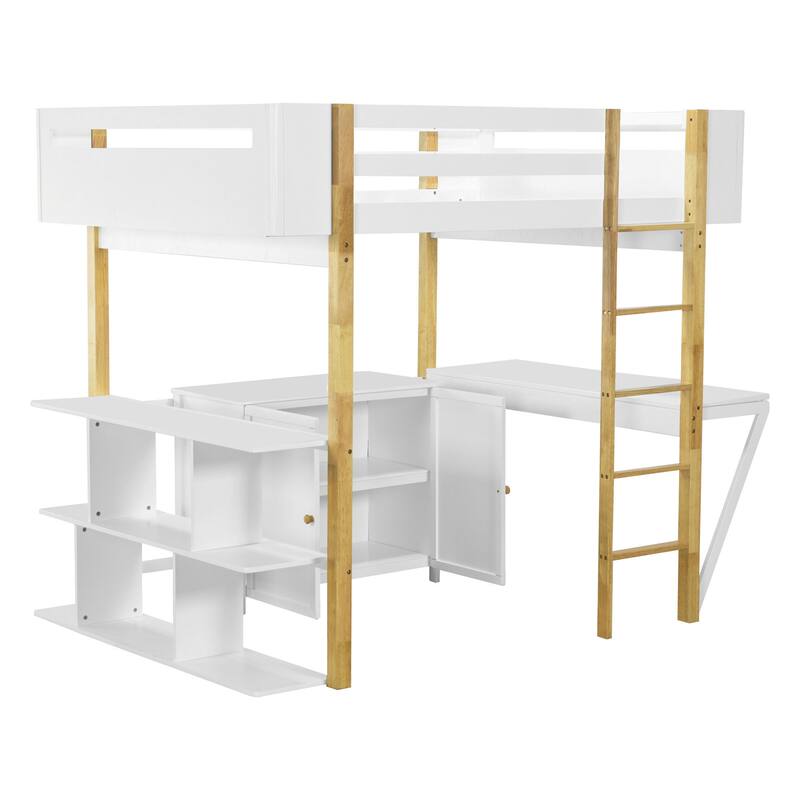Solid Wood Loft Bed with Storage Cabinet & Desk