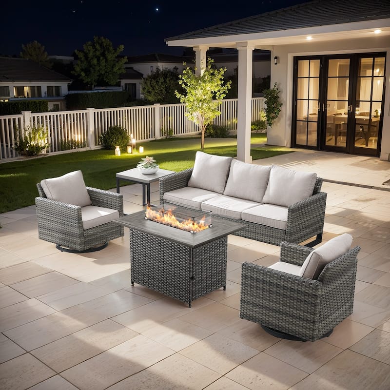 Outdoor Fire Pit Table with Patio Funiture - Grey Wicker Beige Cushion - 5PCS Sofa Swivel Chair w/ Fire Table