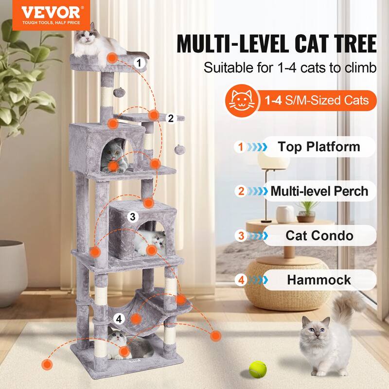 Cat Tree for Indoor Cats, 63" Cat Tower with 2 Cat Condos, Sisal Scratching Post, Hammock, Top Perch, Jumping Platforms,